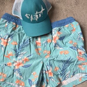 Yeti Teal Trucker Hat with Aqua Floral Swim Trunks